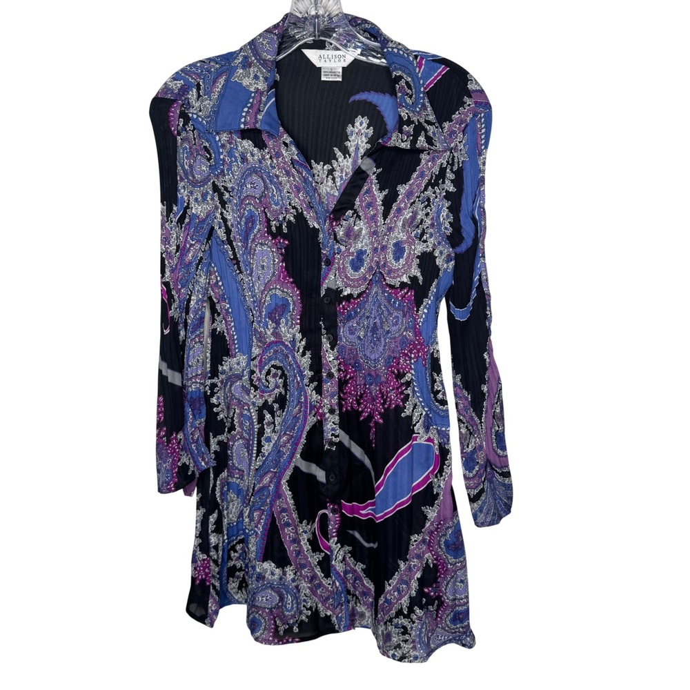 Allison Taylor Womens L Paisley Button Front Tunic Top Blue Purple Crinkle Y2K